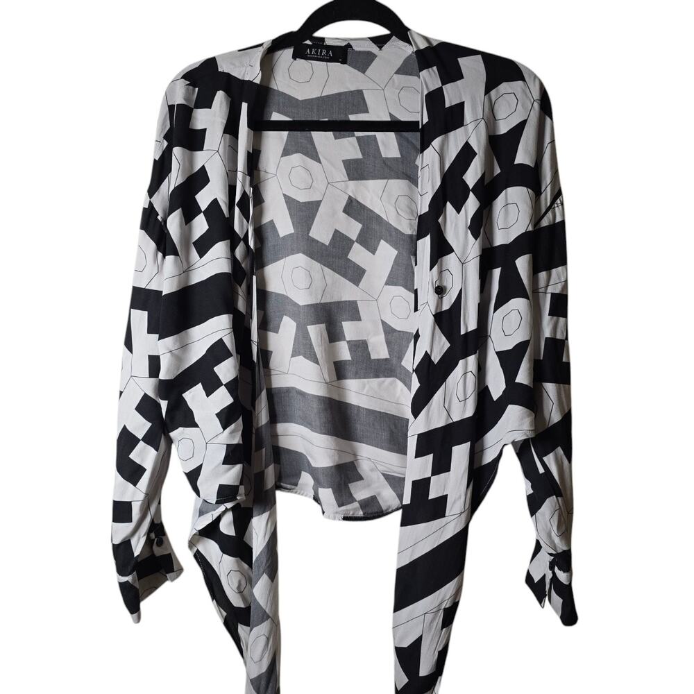 Akira White Black Geometric Tie Long Sleeve Shirt Womens Medium